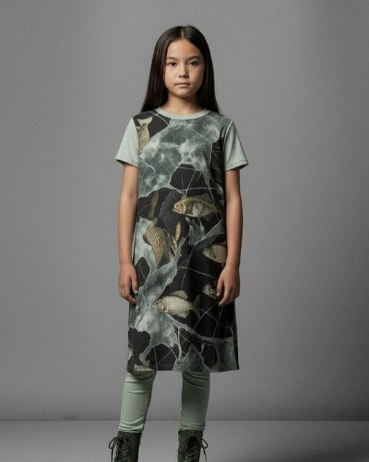 LAST TINY FISH by Riffhaus - Kid's Short Sleeve Dress - Aurora Frozen Riff