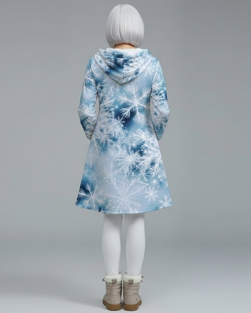 SNOW FLAKE by Riffhaus -  Women's Longline Hoodie Dress - Aurora Frozen Riff