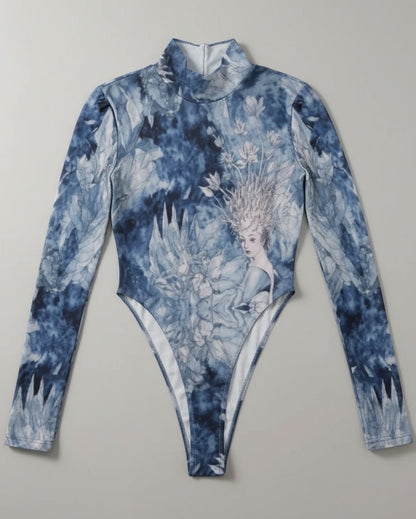 SNOW QUEEN - Women's Turtleneck Long Sleeve Highcut Jumpsuit - Frozen Aurora Riff