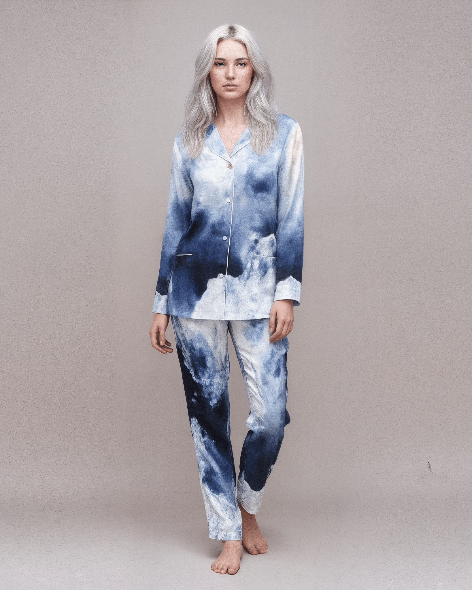 BOREALIS by Riffhaus - Women's Long Sleeve Pajama Set With White Contrast Piping - Aurora Frozen Rif