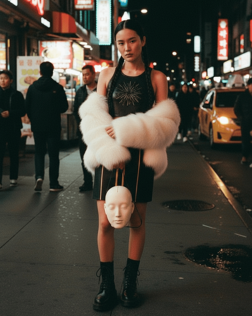 Riff on Golden - Demon Hunters. She is holding the Riffhaus Familiar and wearing crop and skirt set. 