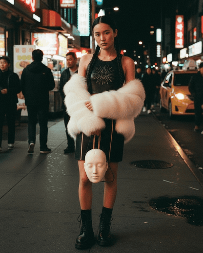 Riff on Golden - Demon Hunters. She is holding the Riffhaus Familiar and wearing crop and skirt set. 