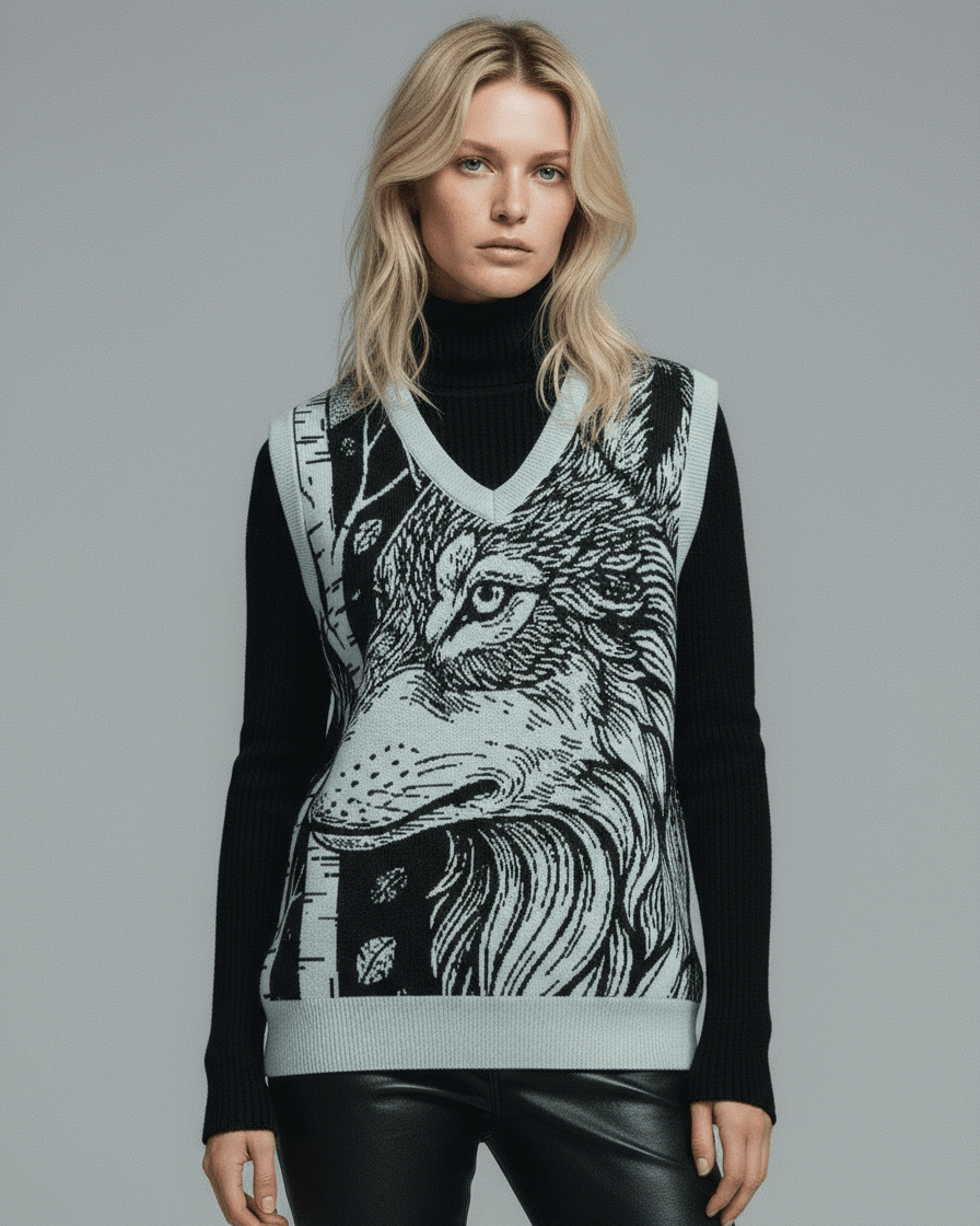 Woman wearing a black sweater vest with a wolf design on a gray background