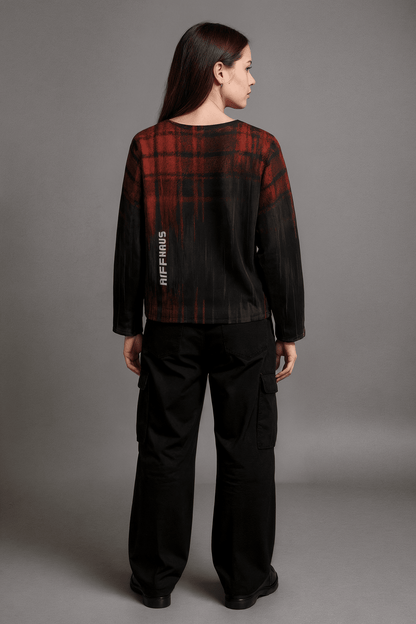 PLAID COLLAPSED RED by Riffhaus – Boat Neckline Heavy Cotton Sweatshirt with Chest Pocket | Unisex Grunge Plaid Streetwear - Sofia Isella Riff